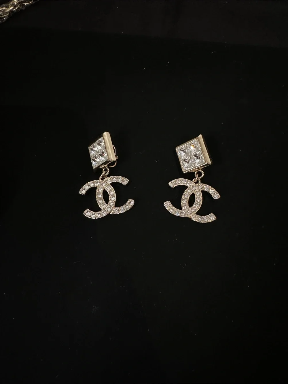 CHANEL Gold-Tone Crystal CC Drop Earrings with Clear Stones